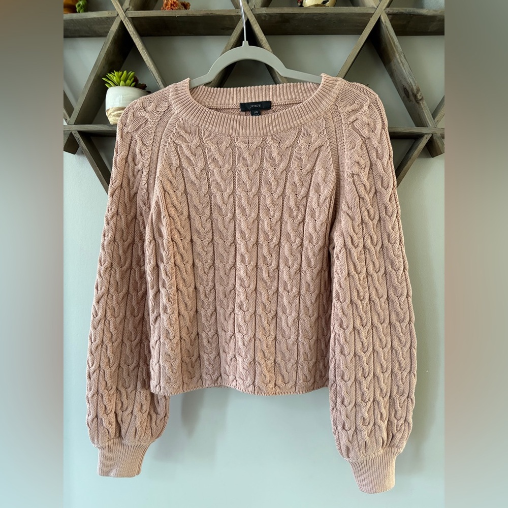 J.Crew Women’s Cropped Cable Knit balloon sleeve Sweater Dusty Pink size XS
